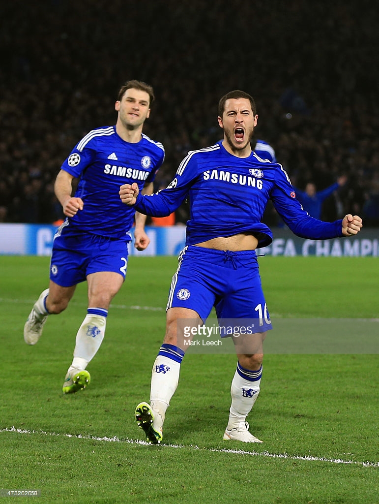 Eden Hazard of Chelsea celebrates scoring from a penalty during the UEFA Champions League Round of 16, second leg match between Chelsea and Paris Saint-Germain at Stamford Bridge on March 11, 2015 in London, England.